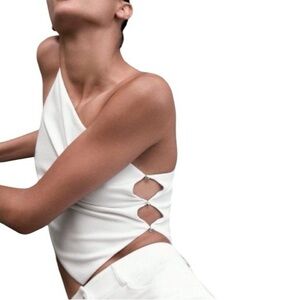 NWT Zara Asymmetrical Rhinestone One Sided Cropped Top in White